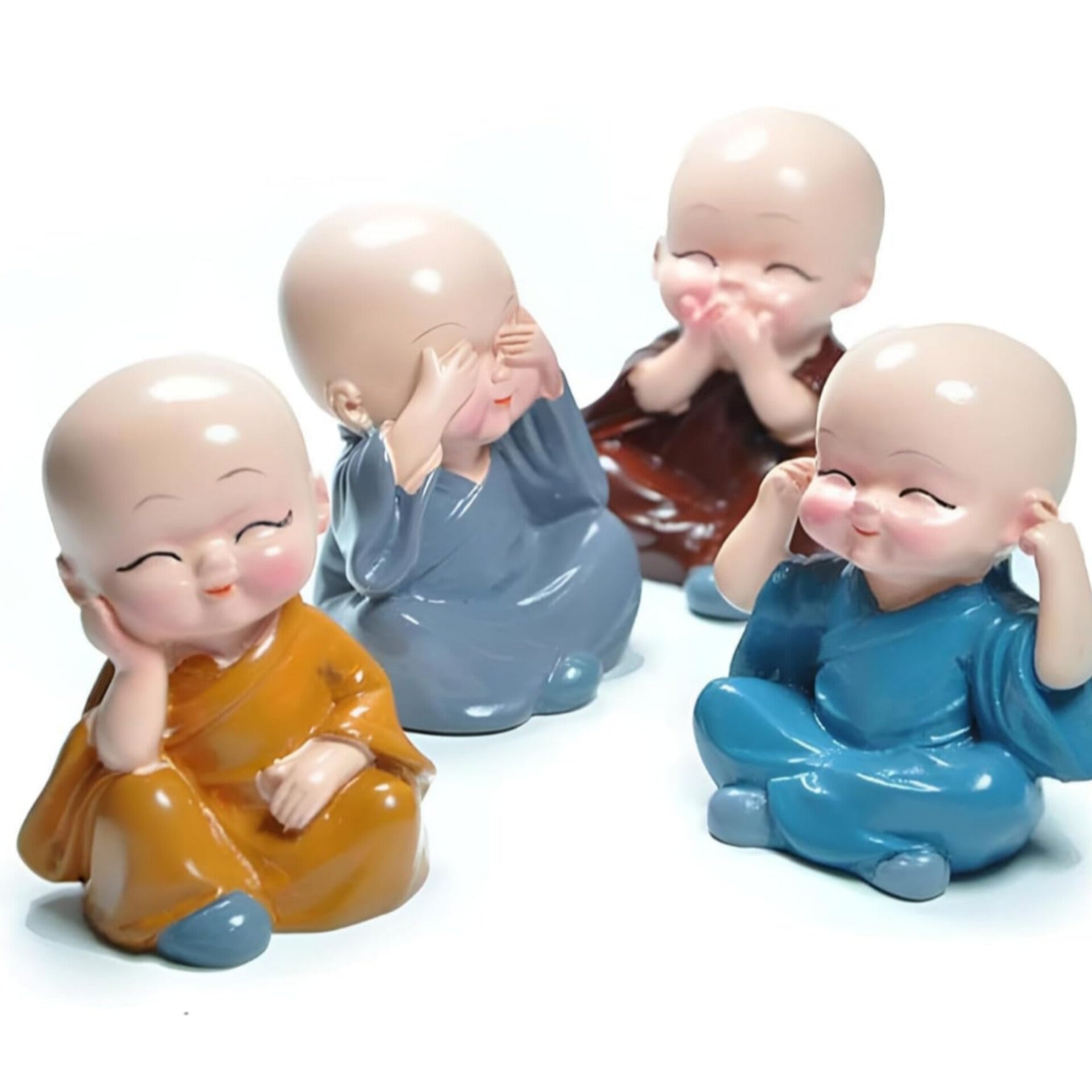 Cute Little Monk Showpiece Set – Desk Decor (4 Pcs)