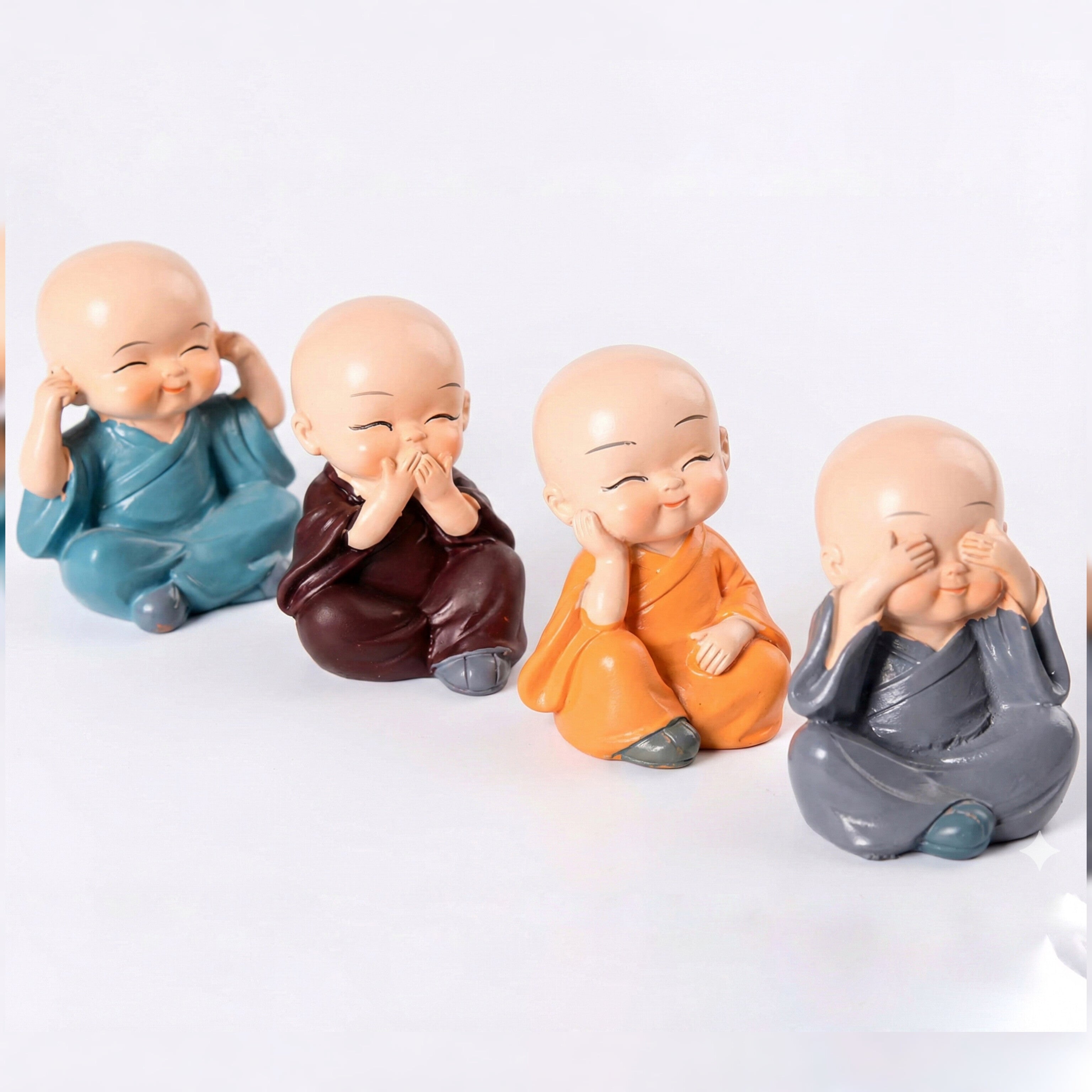 Cute Little Monk Showpiece Set – Desk Decor (4 Pcs)