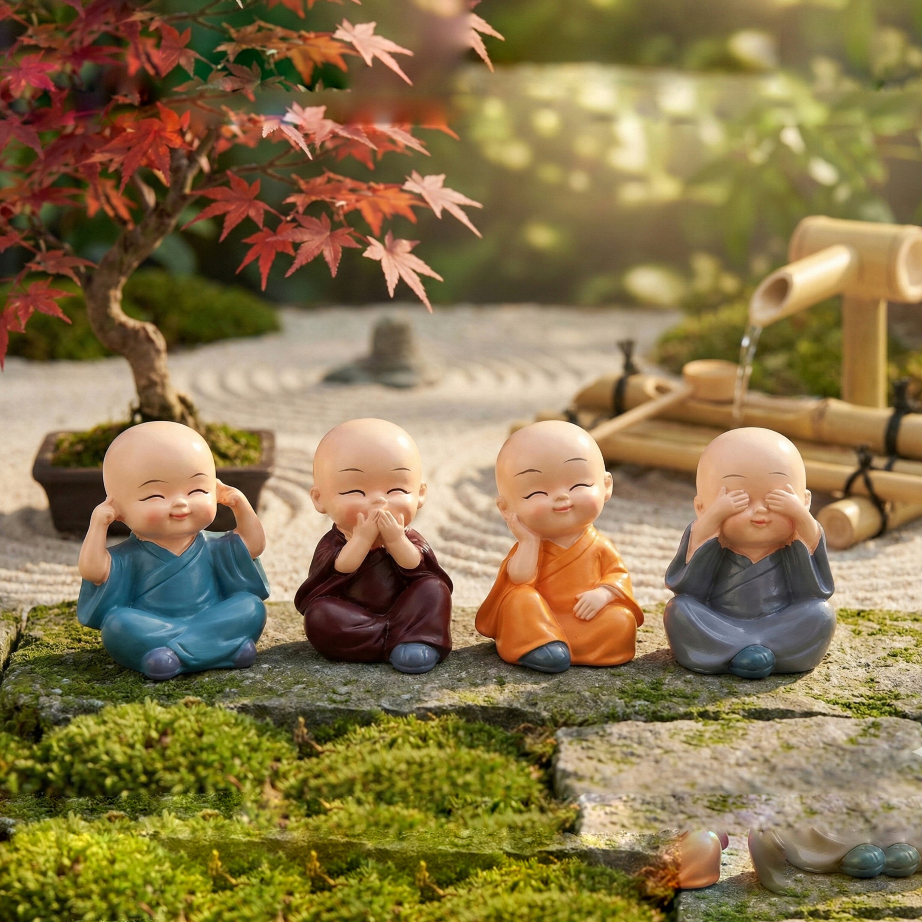 Cute Little Monk Showpiece Set – Desk Decor (4 Pcs)